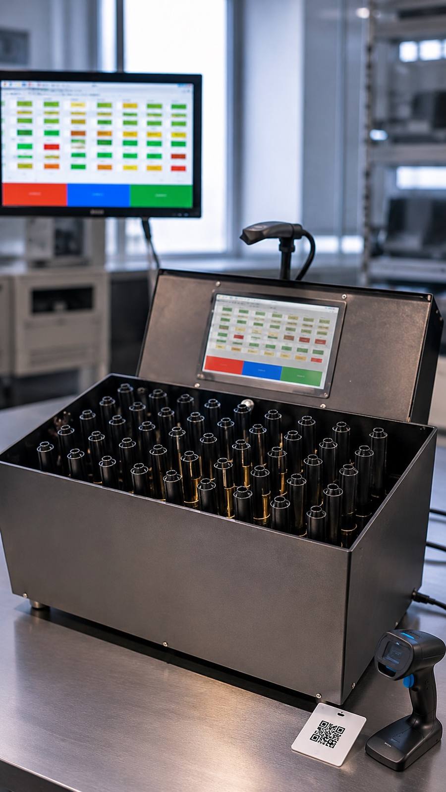 Modulo Brenet sul banco di laboratorio con monitor e lettore QR